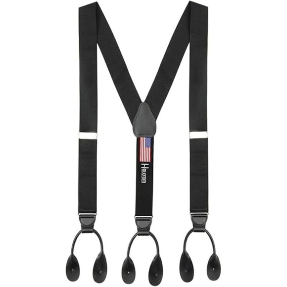 HOLD'EM Men Suspender Y-Back Leather Trimmed Button End Non-Stretch - Black - Picture 1 of 7